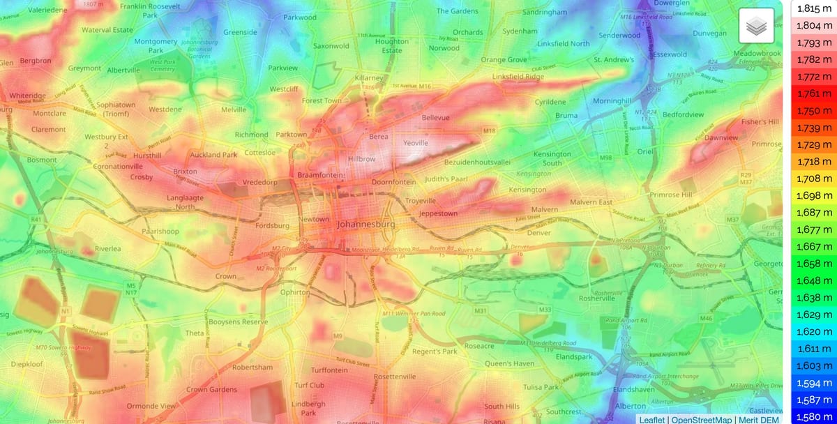 Johannesburg (Joburg Jozi) elevation map